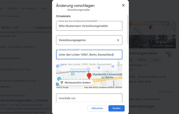 Screenshot von der Option bei Google, Änderungen für Google My Business Einträge vorzuschlagen