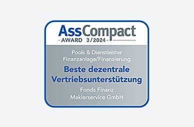 Auszeichnung der Fonds Finanz im Rahmen der AssCompact-Studie 3 / 2024 "Pools & Dienstleister" mit dem Titel "Beste dezentrale Vertriebsunterstützung" in der Kategorie "Finanzanlage/Finanzierung"