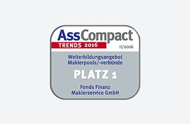 Auszeichnung der Fonds Finanz im Rahmen der Umfrage "AssCompact TRENDS II/2016" mit dem ersten Platz in der Kategorie "Weiterbildungsangebot im Bereich Maklerpools und Maklerverbünde"