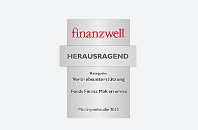 Auszeichnung der Fonds Finanz mit dem Titel HERAUSRAGEND in der Kategorie "Vertriebsunterstützung" im Rahmen der "Maklerpoolstudie 2023" der finanzwelt