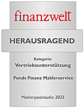 Auszeichnung der Fonds Finanz mit dem Titel HERAUSRAGEND in der Kategorie "Vertriebsunterstützung" im Rahmen der "Maklerpoolstudie 2023" der finanzwelt