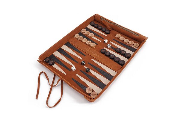 Geschenktipp Backgammon-Deluxe-Reiseset aus weichem Leder mit Spielsteinen aus Holz